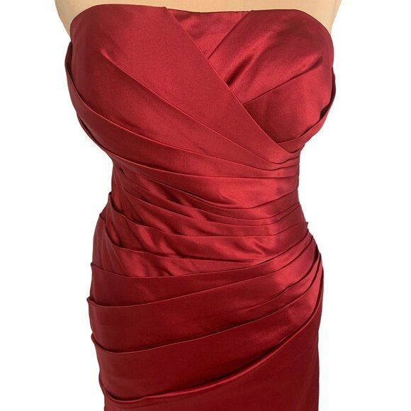 Glam Strapless Red Satin Pleated Cocktail Dress Corset Back M Hoco Bridesmaid - Picture 3 of 10